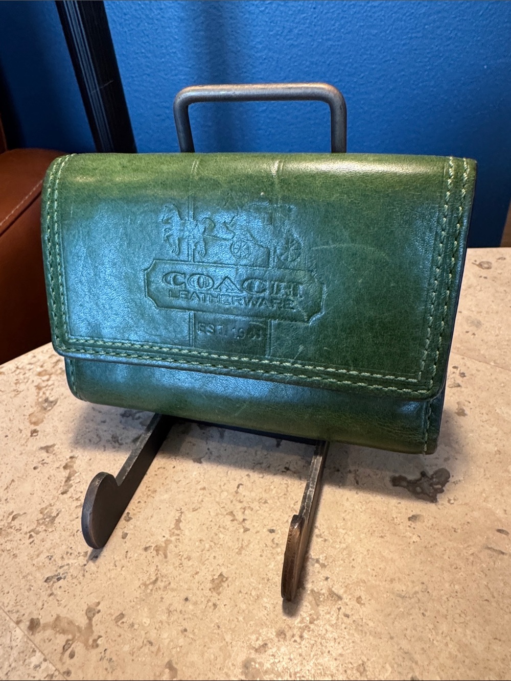 Coach Green Leather Trifold Wallet with Embossed Logo